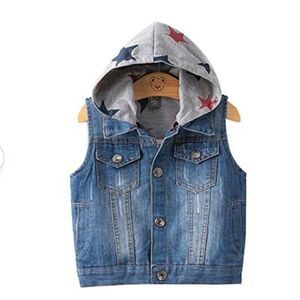 Boys or Girls Denim with Cotton Lined Front Open Buttons Hooded Vest Size 5-6